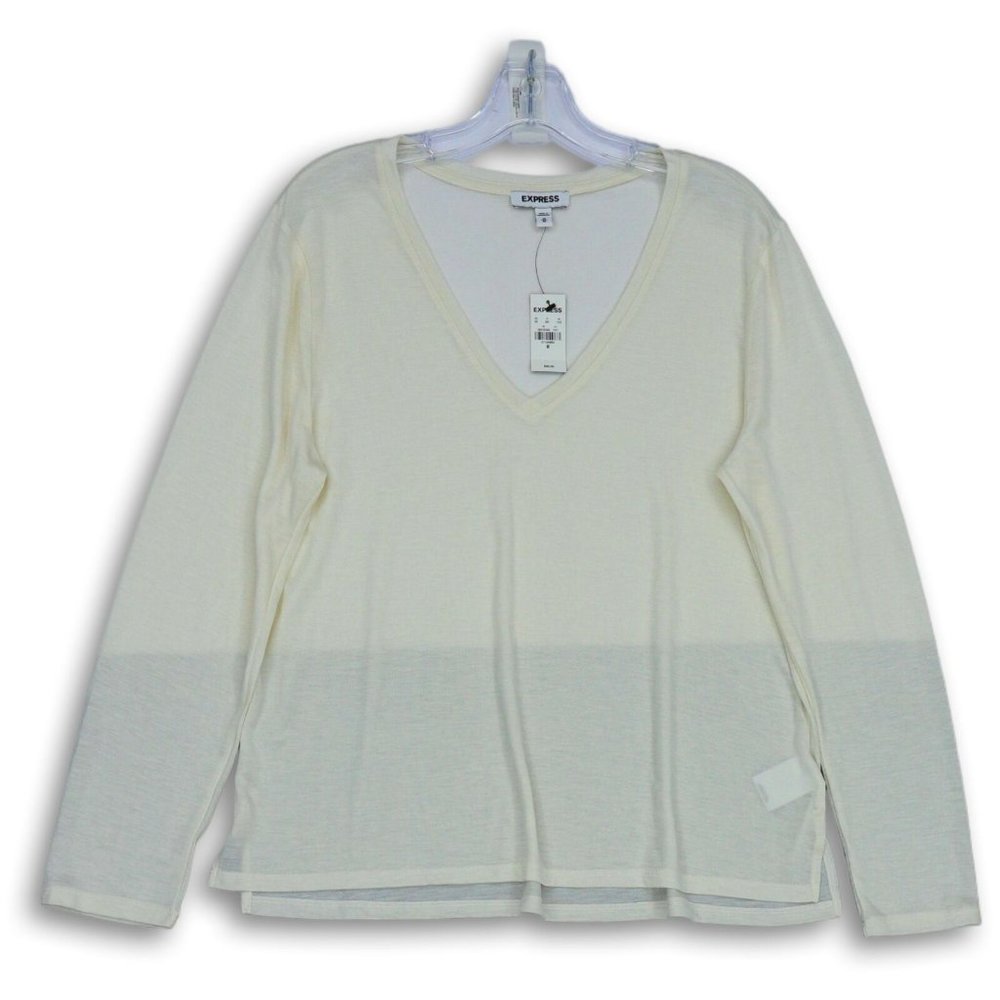 NWT EXPRESS IVORY LONG SLEEVE V-NECK SIDE SLIT PULL-OVER SHIRT MEDIUM